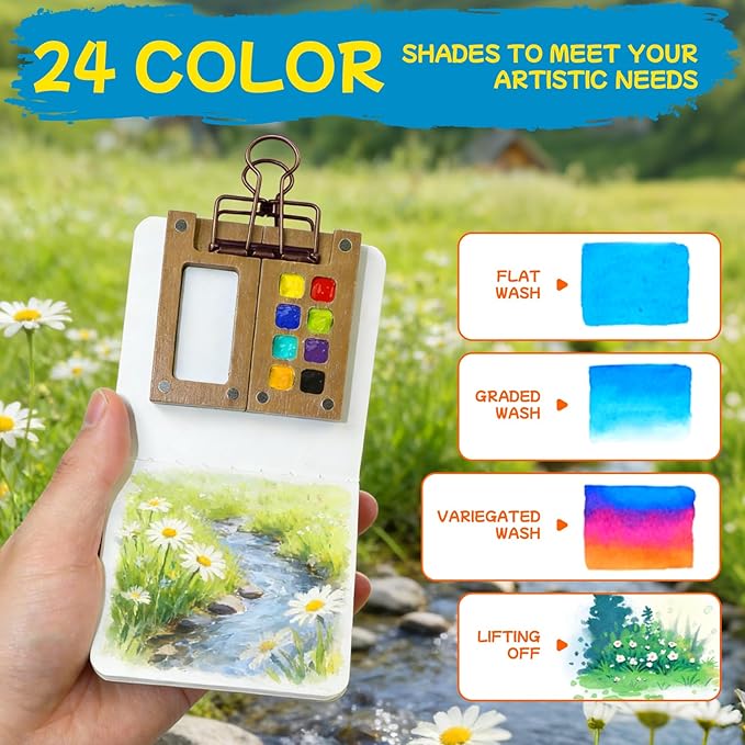 Mini Set, Mini Travel Kit with Wood Palette, Brush & Sketchbook - Portable Art Kit for Artists & Students