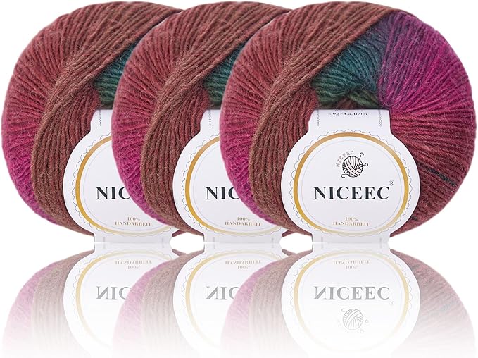 NICEEC 3 Skeins Rainbow Soft Yarn 100% Wool Gradient Multi Color Yarn for Crocheting Knit Total Length 180m×2(196yds×2,50g×2)-20#
