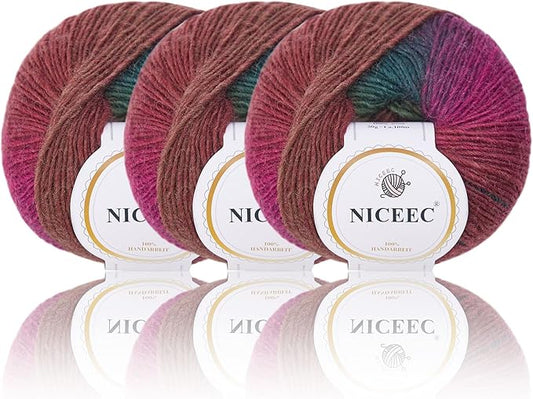 NICEEC 3 Skeins Rainbow Soft Yarn 100% Wool Gradient Multi Color Yarn for Crocheting Knit Total Length 180m×2(196yds×2,50g×2)-20#