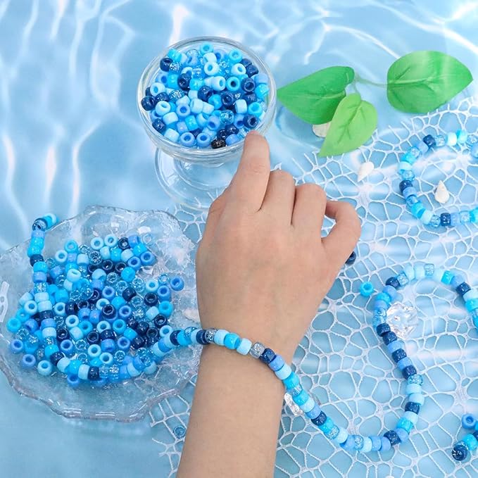 1200Pcs 6x9mm Pony Beads for Bracelets Making Kit, 5 Style Blue Colors Kandi Beads Bulk for Friendship Bracelet Kit, Hair Bead for Braids with Stretch Cord and Scissors