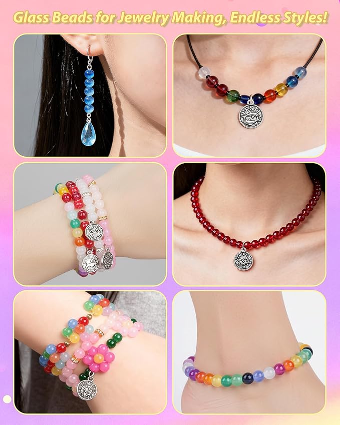 LovelyMoon 28 Colors 6mm Glass Beads for Bracelet Making Kit with 12 Zodiac Charms, Metal Spacers & Elastic Cord Beginner-Friendly Bracelet & Necklace Craft Kit for Teens & Adults
