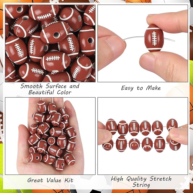 100pcs 18mm Football Beads with 5.5 Yard Elastic Rope,Acrylic Sports Beads DIY Spacer for Necklace Bracelet Keychains Handmade Jewelry Making Accessories Craft Supplies(Rugby)