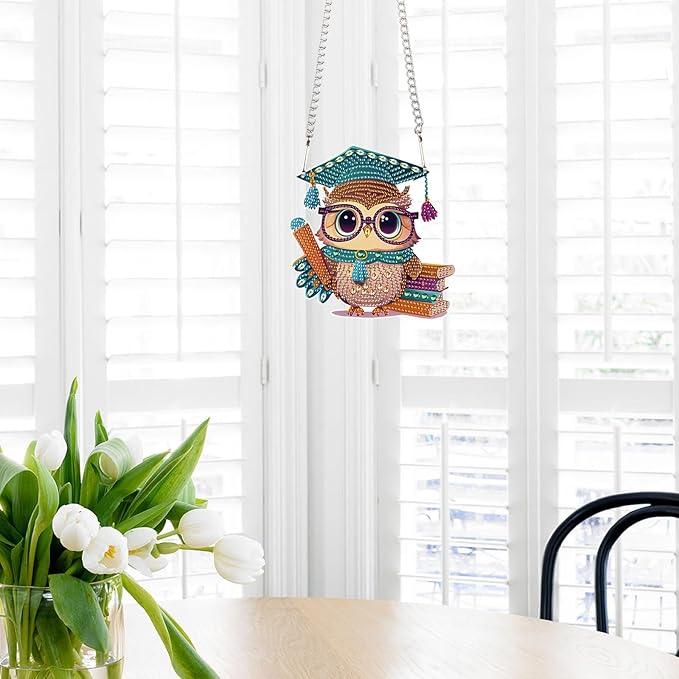 5D DIY Diamond Painting Hanging Ornament Kit for Adults, Wise Graduation Owl Special Shaped Rhinestones Diamond Art Hanging, Cute Scholar Owl Acrylic Pendant for Wall, Door, or Garden Decoration
