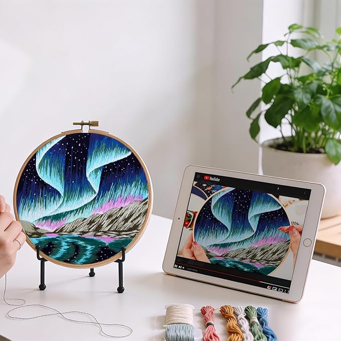 Aurora Borealis Embroidery Starter Kits for Beginners Adults, Stamped Cross Stitch Kit for Adult Beginner, Hand Embroidery Needlepoint Kit, 2 Set Embroidery Supplies, 2 Hoops (Attached Video Tutorial)