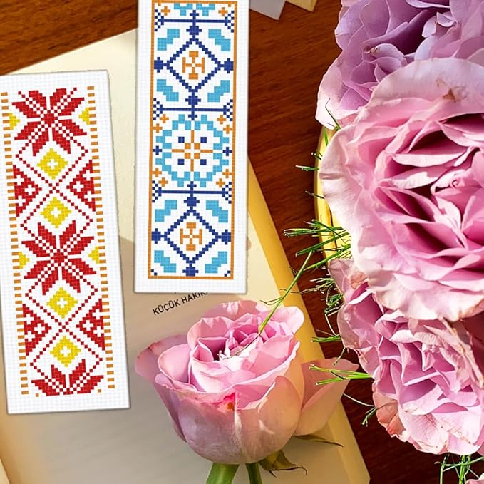 BEUNITONE 6 Pcs Vintage Cross Stitch Bookmark Kits for Beginner with Backing Felt Floss Instructions, Handmade Bookmarks DIY Stamped Craft Embroidery Kits for Adults, Book Lovers 8.5''x3''