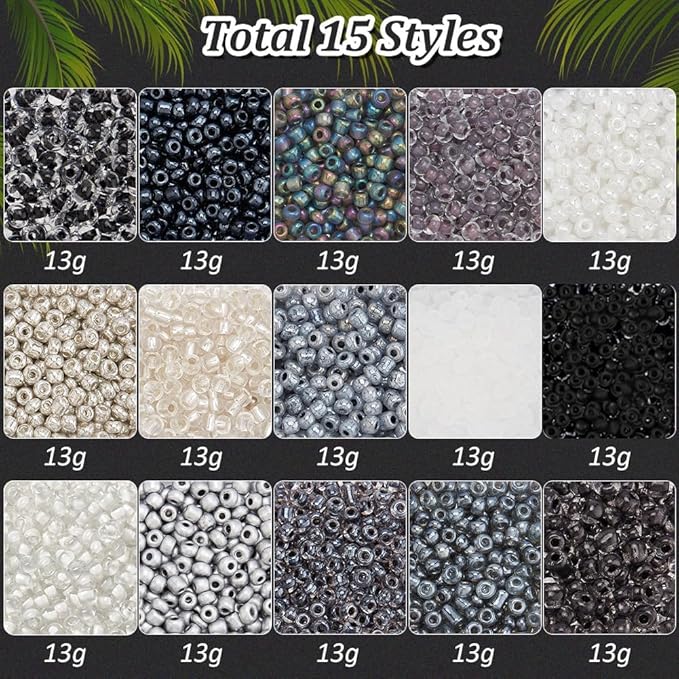 PH PandaHall 4742pcs 15 Colors 3mm Seed Beads 8/0 Small Glass Craft Beads Tiny Round Waist Bead Spacer Bead Kit for DIY Crafts Earring Bracelet Necklaces Jewelry Making, Black/White/Gray