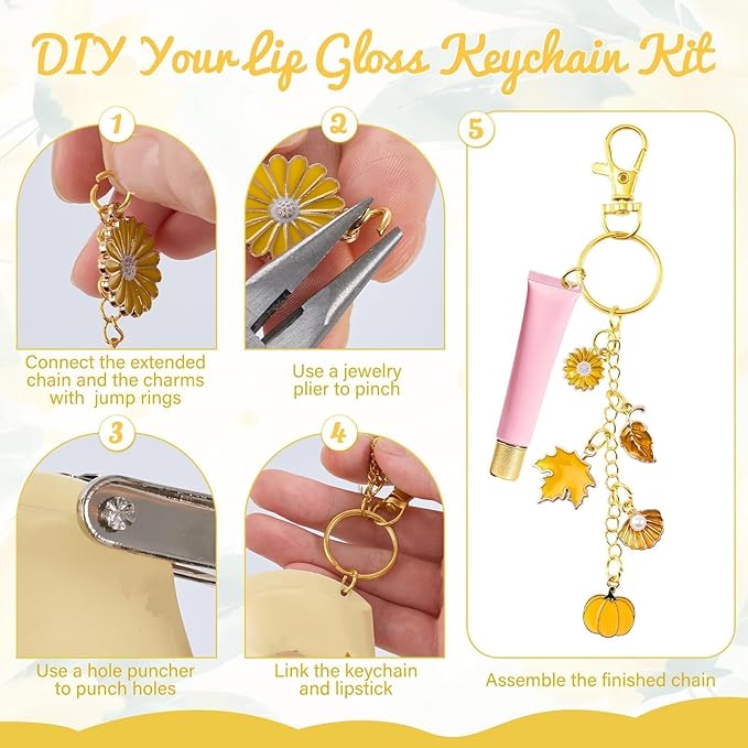 PYURTHITY 254 Pcs Colorful Charms Lip Gloss Keychain Making Kit Include Pink Blue Red Orange Enamel Charms Keychain Clips Extender Chains Jump Ring Plier DIY Jewelry Crafts Gifts for Women Adults