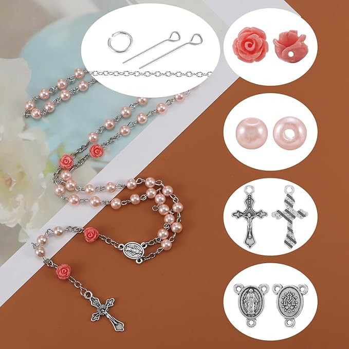 OEMOO 1410PCS Rosary Jewelry Making Kit Rosary Prayer Making Supplies Carved Rose Beads Cross Centerpiece Crucifix Medal, Silver Jesus Maria Pendant for Rosary Bracelet Necklace Jewelry (Pink)