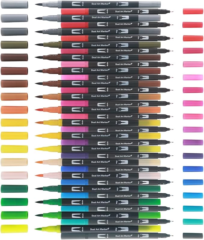 Markers for Adult Coloring Books No Bleeding, Set of 36 Colors, Coloring Pens for Adults, Dual Brush Marker Pens with Fine & Brush Tips, Art Supplies for Drawing, Calligraphy, Sketching and Doodling.