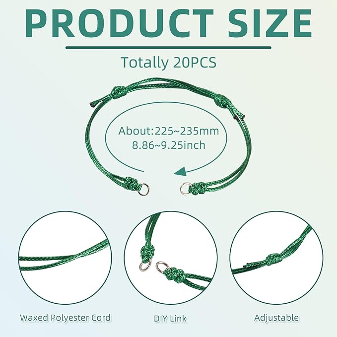KISSITTY 20pcs Adjustable Bracelet Cords for Connector Charms Waxed Polyester Thread Cord Green Color Half Finished Bracelet for Friendship Bracelets Jewelry Making