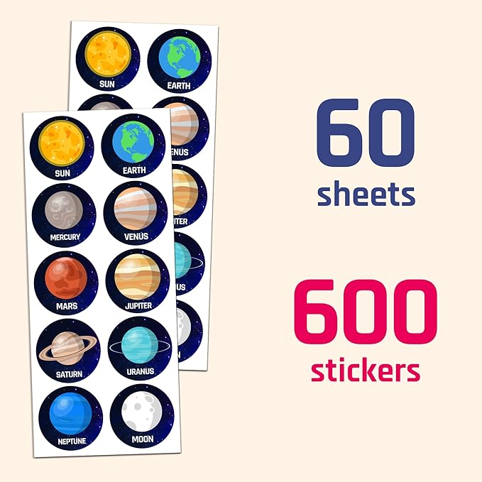 60 sheets, 600 stickers - planet solar system stickers for kids, 1.5"