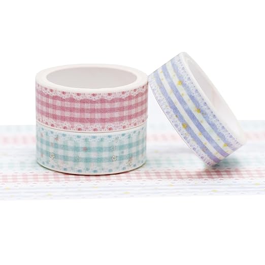 YUBBAEX Cute Printed Washi Tape 3 Rolls Japanese-Style Masking Tape Set Decorative for Arts, DIY Crafts, Journal Supplies, Planners, Scrapbook, Card/Gift Wrapping (Lace Checkered)