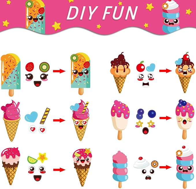 chiazllta 30 Packs Summer Ice Cream Craft Kits for Sweets DIY Sticker Art Craft Set for Early Home Day-Care Fun Game Activities Summer Party Favors