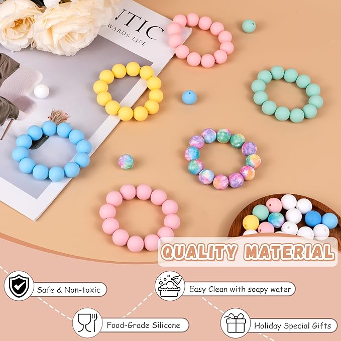 120 Pcs Silicone Beads for Keychain Making 15mm Bracelets Yellow Green Blue Mixed 6 Colors Silicone Round Beads Bulk for Crafts Pens Making