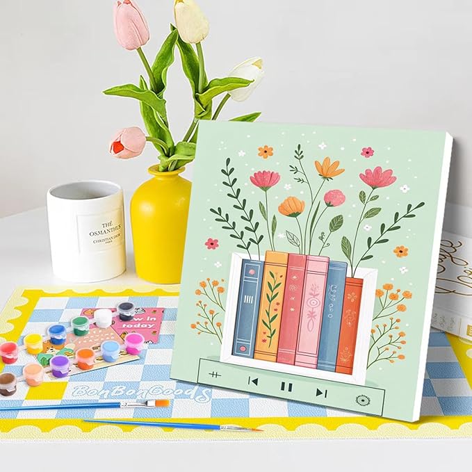 Canrichshop 4 Pcs Book Paint by Numbers Kit for Adults & Ages Over 12,Framed Books Adults' Paint-by-Number Kits, DIY Painting by Numbers for Adults Flowers for Decor Present 8X 8 in