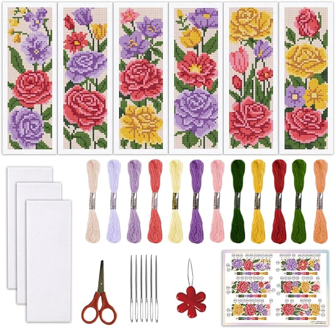 ORIGACH 6 Set Flower Cross Stitch Bookmark Kit for Beginners Red Rose Stamped Embroidery Kit Include Backing Felt and Instruction Beginner Cross Stitch Kits for Adults