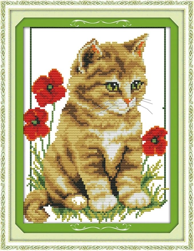 CaptainCrafts Cross Stitch Kits for Adults Stamped Cross Stitch Printed 14CT Fabric Cross Stitching DIY Art DMC Needlecrafts Embroidery Kit for Adults (Stamped 14CT, Cat and Poppy)