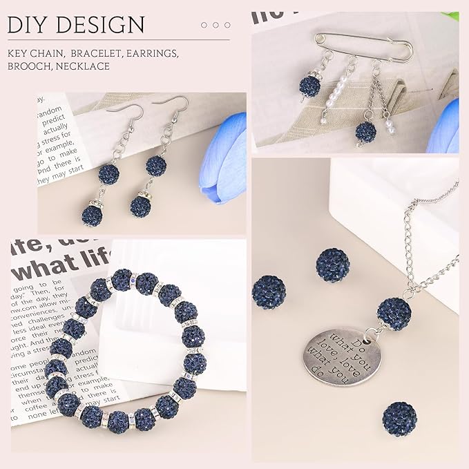 200pcs 10mm Blue Black Rhinestone Beads for Jewelry Making, Shiny Round Shamballa Disco Ball Beads Bulk, Sparkle Crystal Clay Christmas for Bracelet Baseball Necklace Earring Crafting and DIY
