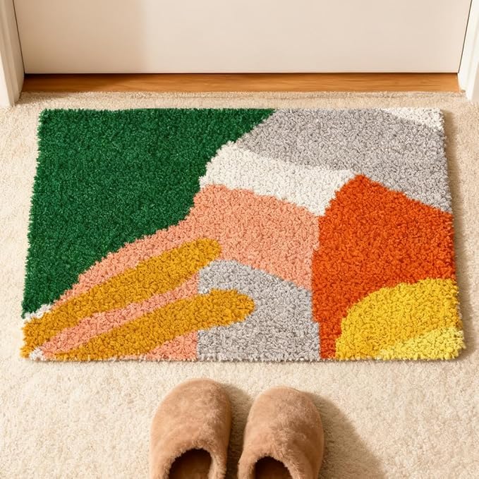 ORIGACH Abstract Color Blocks Latch Hook Rug Kit for Adults Printed Rug Making Kit Handmade Carpet Tapestry Cover with Hook Latch and Preprinted Canvas, Home Arts Crafts Sofa Decor, 20.5x15inch