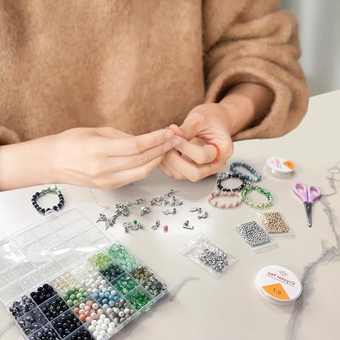 Glass Bead Bracelet Making Kit (8mm), Beginner Set with 600PCS Green Glass Beads, No Jewelry Tools Required