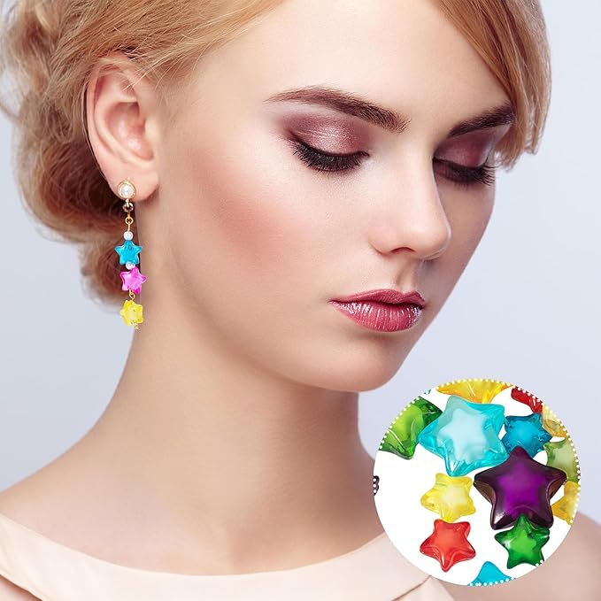 OIIKI 45PCS Acrylic Star Beads, Mixed Colors Star Loose Spacer Beads, 2 Sizes Charming Flat Beads, Star Shaped DIY Supplies Bead Kits Bulk for Jewelry Making, Crafts