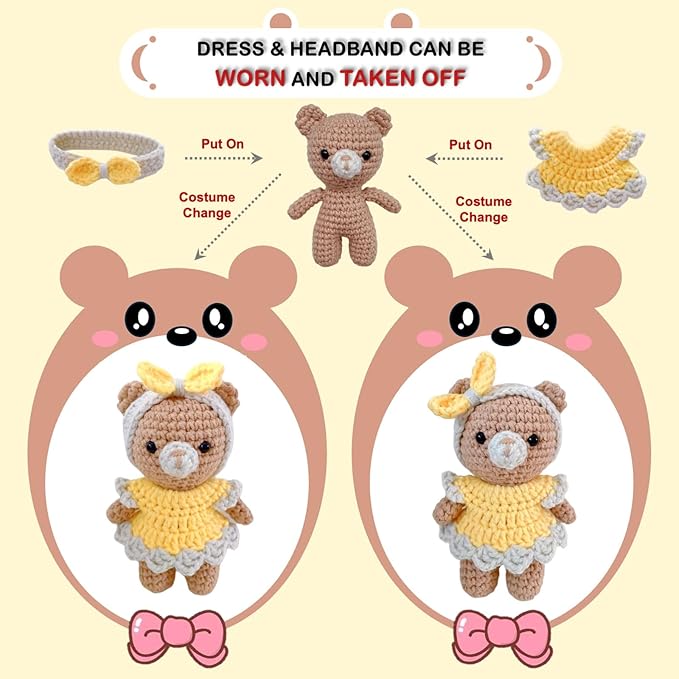 LoopMap Amigurumi Crochet Kit for Beginners with Removable Dress & Video Tutorials, DIY Bear Making Kit Includes Premium Yarn & Tools, Creative Gift for Adults Teens (Yellow)