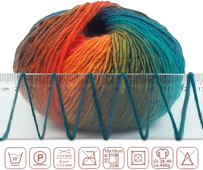 2 Skeins Rainbow Soft Yarn 100% Wool Gradient Multi Color Yarn for Crocheting Knit Total Length 180m×2(196yds×2,50g×2)-10