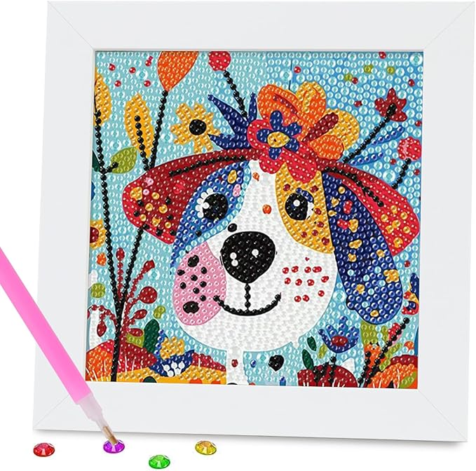 PERFECTSIGHT Cute 5D Diamond Art Kits with Wooden Frame, Kawaii DIY Painting Art for Adults Teen, Diamond Arts and Crafts Sets, Big Gem Full Drill Diamond Dots for Women Beginners (Dog)