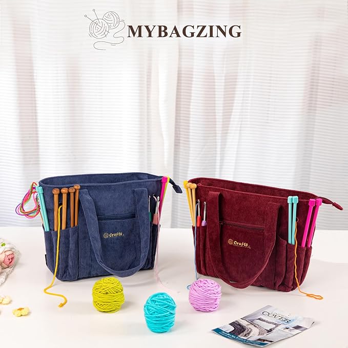Crochet Bag and Tote - Corduroy Yarn Bag - Yarn Holder for Crocheting - Crochet Storage Bag for Crochet Hooks, Crochet Accessories, Knitting Bag for Crochet Lovers, Mother's Day Gift
