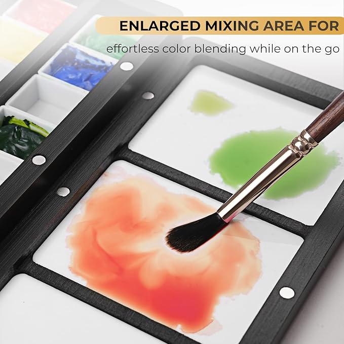 Travel Watercolor Palette Box, Fuumuui Black Wood Palette Kit with Cover, 12 Empty Removable Half-pan Grids, Dual Tip Travel Brushes, for Watercolor Gouache Color Mixing, Pure White Palette