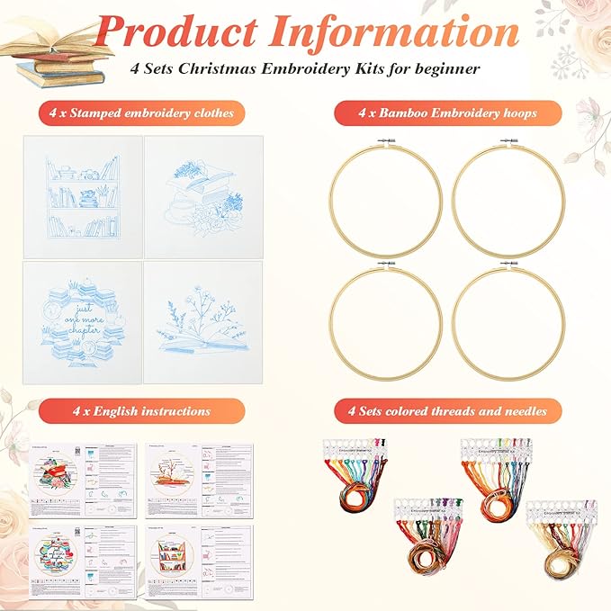 Unittype 4 Set Embroidery Kit for Beginners Adults Book Lovers Funny Cross Stitch Embroidery Kit with Bamboo Hoops Needles Threads Instructions Needle Threader(Classic)