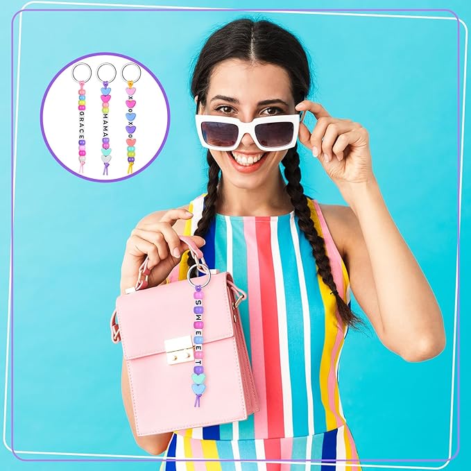 Landical 564 Pcs DIY Bead Keychain Kit Key Chain Making Craft Adjustable Letter Beads String Mama Sport Gift Alphabet Jewelry Accessories Holiday Party Favor for Adult(Heart, Dream Color)