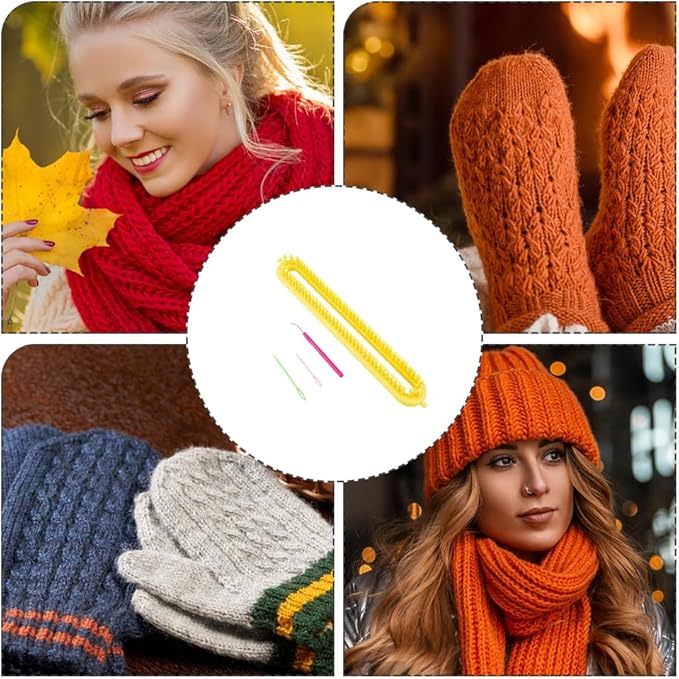 Hobbspring Knitting Loom Set Rectangular Knitting Board Loom Plastic Darning Needle Crochet Yellow Scarf Looms Long Hats Shawl Making Tool DIY Yarn Weaving Kits for Women Adults Beginners 13.9x2in