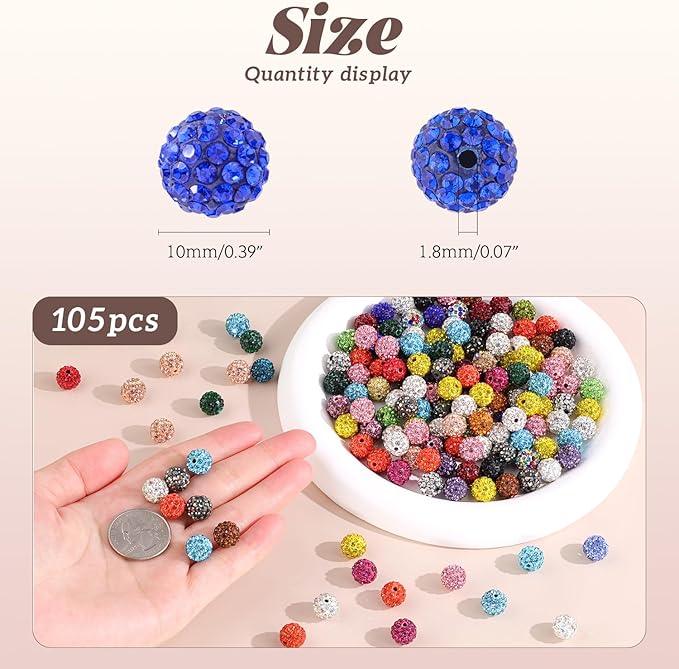 105pcs 10mm rhinestone beads for jewelry making, brown shiny round disco ball beads bulk, sparkle crystal clay christmas for bracelet baseball necklace earring crafting and diy