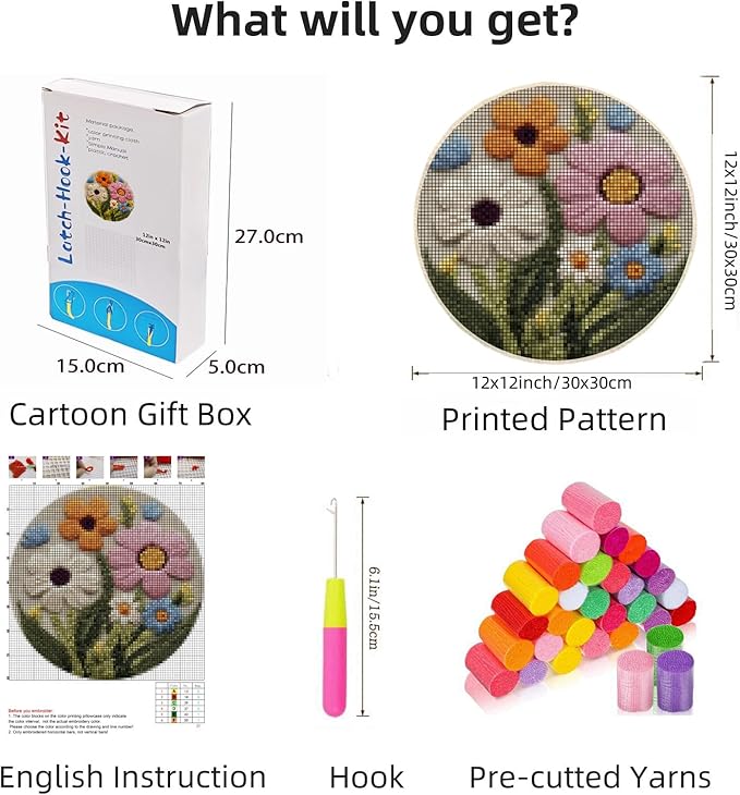 Latch Hook Rug Kit Abstract Cute Wild Flower Easy for Beginners Round Shape Carpet Crochet Yarn Craft Mini Rug DIY Hook and Latch Little Tapestry for Home Decor 30x30cm