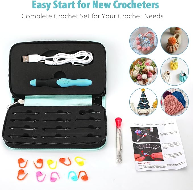 votris light up crochet hook set - 11 in 1 lighted crochet hook set for beginners, ergonomic soft grip, rechargeable light, interchangeable heads - ideal crochet hooks kit
