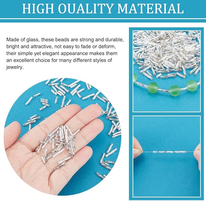 PH PandaHall 1600Pcs 4 Sizes Glass Bugle Beads, Silver Long Tube Seed Bead 5/6/9/12x2mm Loose Spacer Bead with 0.5mm Round Hole for Earring Bracelet Neckalce Jewelry DIY Craft Making Dress Decor