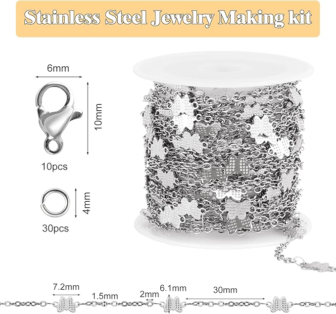 GTVOODX 16.4 Feet Butterfly Links Cable Chain Silver Stainless Steel Chain Spool Bulk for DIY Bracelet Necklace Jewelry Making Supplies with 10 Lobster Clasps and 30 Jump Rings