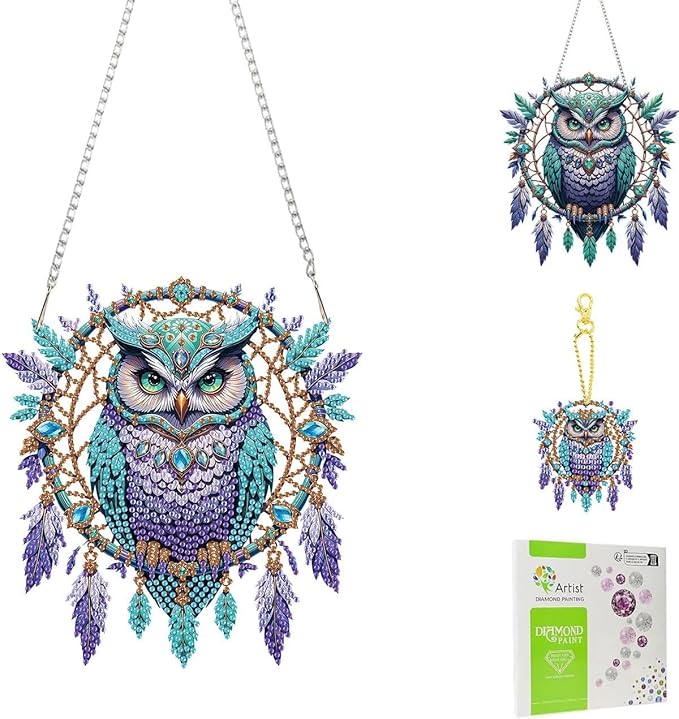 Masendp Owl Diamond Painting Hanging Decoration Kit, DIY Special-Shaped Rhinestone Window Hanging Kit, Suitable for Home and Garden Wall Decoration Gifts