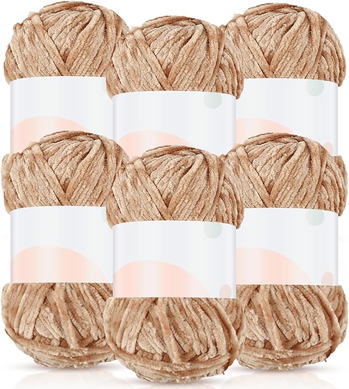 Amylove 6 Rolls Soft Velvet Chenille Yarn for Crocheting 1182 Yards Polyester Blanket Fuzzy Thick Yarn for DIY Knitting Bulky Weaving Crafts, 197 yd, 3.53 oz Each Roll(Camel)