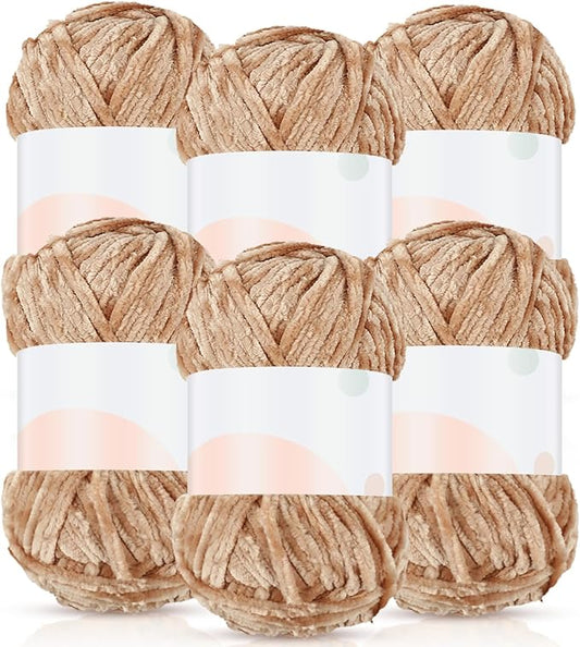 Amylove 6 Rolls Soft Velvet Chenille Yarn for Crocheting 1182 Yards Polyester Blanket Fuzzy Thick Yarn for DIY Knitting Bulky Weaving Crafts, 197 yd, 3.53 oz Each Roll(Camel)
