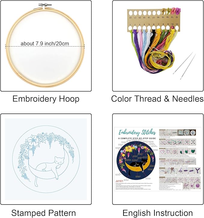 Louise Maelys Cat Moon Embroidery kit for Beginners,Cross Stitch Kits for Adult Including Cloth,Hoop, Color Threads,Needles and Instruction
