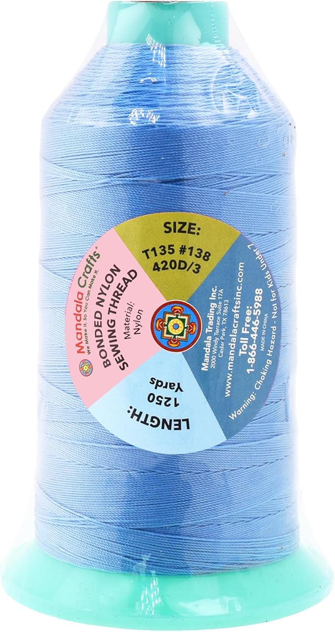 Mandala Crafts Size 138 420D T135 Bonded Nylon Thread - Light Blue 1250 YDs Tex 135 Heavy Duty Sewing Threads for Leather, Jeans, Weaving, Outdoor Marine Upholstery