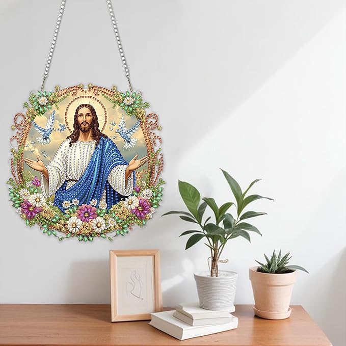 NAIMOER Diamond Art Hanging Kits for Adults Jesus 5D Special Shaped Rhinestone, DIY Acrylic Diamond Art Painting Window Pendants Home Garden Wall Hanging Ornament Kits, Double Sided
