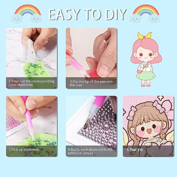 PERFECTSIGHT Cute 5D Diamond Art Kits with Wooden Frame, Kawaii DIY Painting Art for Adults, Diamond Arts and Crafts Sets, Big Gem Full Drill Diamond Dots for Women Biginners (Pink Girl)