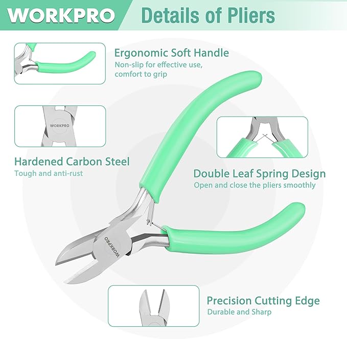 WORKPRO Jewelry Pliers Set, 3-Piece Mini Jewelry Tool Kit—Purple Needle Nose Plier/Chain Nose Plier, Orange Round Nose Pliers & Green Wire Cutter for Jewelry Making, Beading & Wire Wrapping