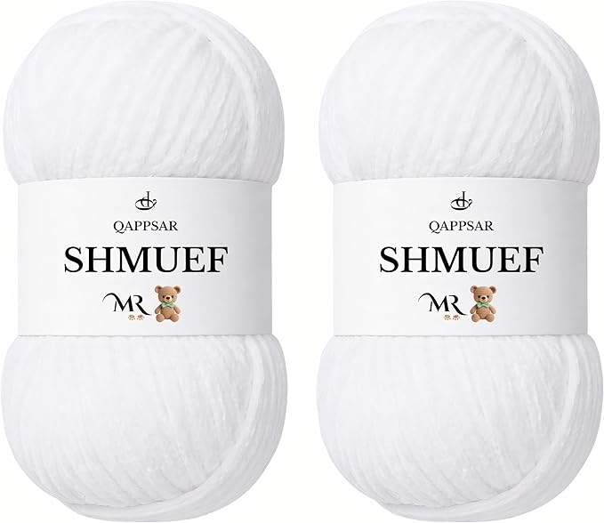 SHMUEF Chenille Yarn 2-Pack – Ultra Soft Velvet Yarn, Super Bulky Weight (5–6 mm), Yarn for Crochet, Amigurumi & Baby Blankets (White)