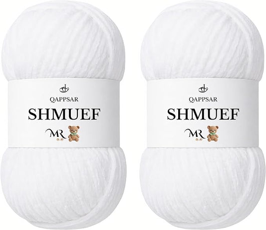 SHMUEF Chenille Yarn 2-Pack – Ultra Soft Velvet Yarn, Super Bulky Weight (5–6 mm), Yarn for Crochet, Amigurumi & Baby Blankets (White)