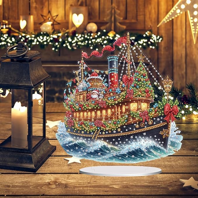 LAKEQUILL Christmas Diamond Art Painting Kits, Tabletop Ornament, Stand Up Diamond Art Desktop Kits for Home Office Decor, New Year Gift - Xmas Sailboat