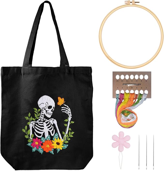 louise maelys helloween embroidery kit canvas tote bag for beginners,cross stitch kits for adults,diy crafts skull flowers pattern,women shopping reusable grocery bags